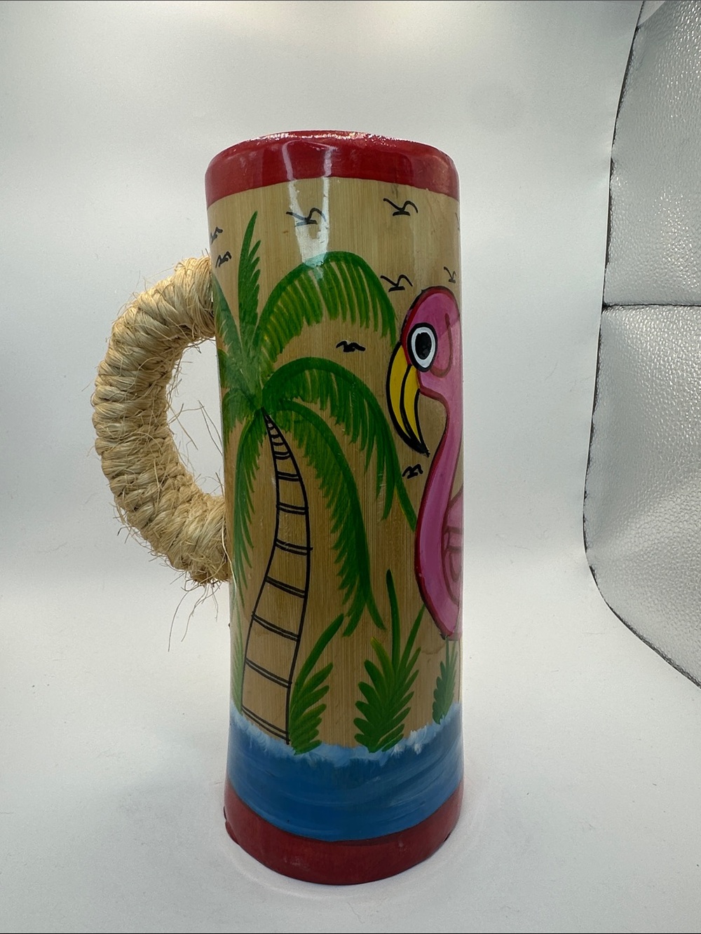 Hand-Painted Pink Flamingo Tropical Tiki Bamboo Mug